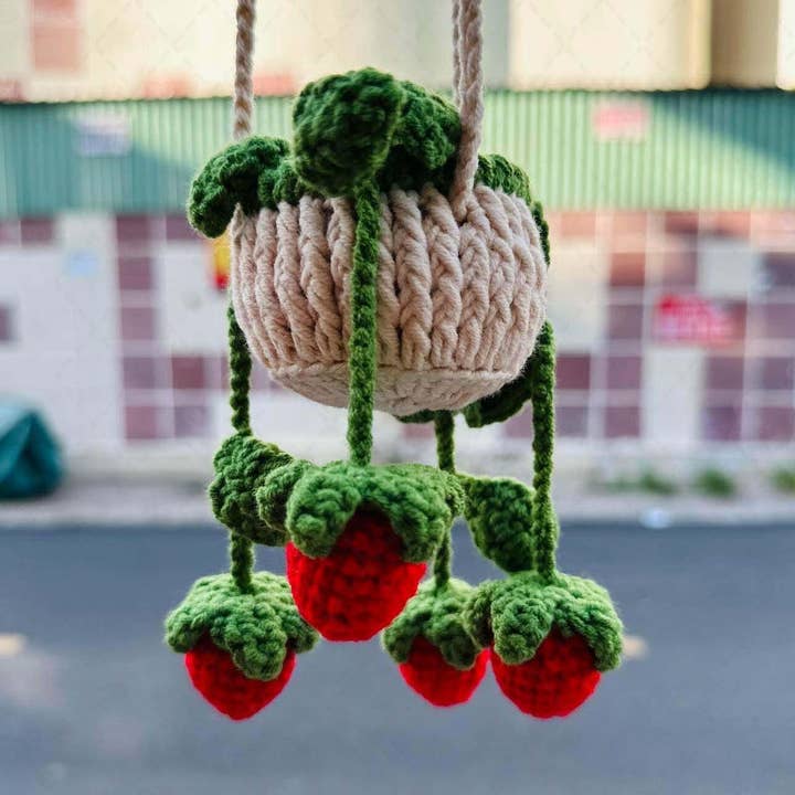 Crochet Strawberry Plant Car Mirror Hanging, Car Accessories for wholesale by TOMOPOD LLC