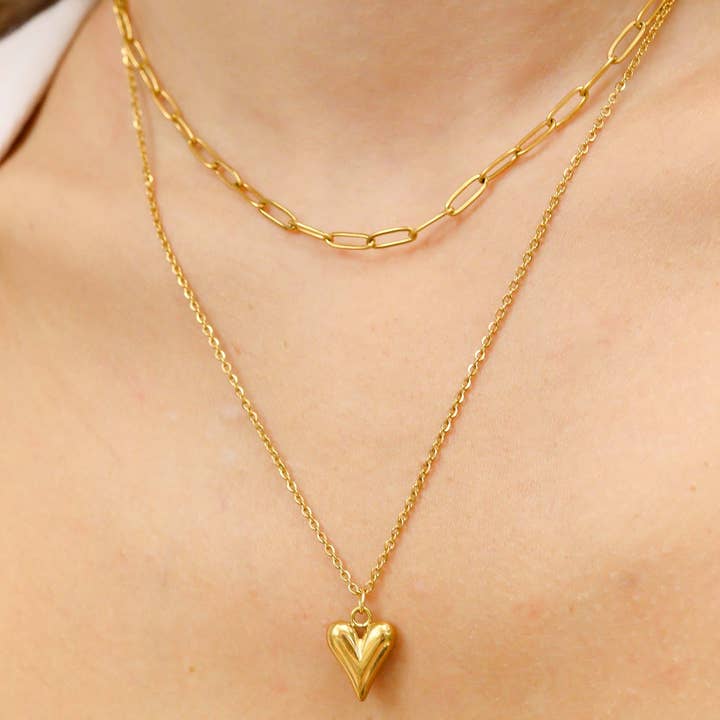 WJW - Wholesale Pendant/Charm Necklace - 18K Gold PVD Stainless Steel Loop and Paperclip Layered Chain Heart Charm Necklace