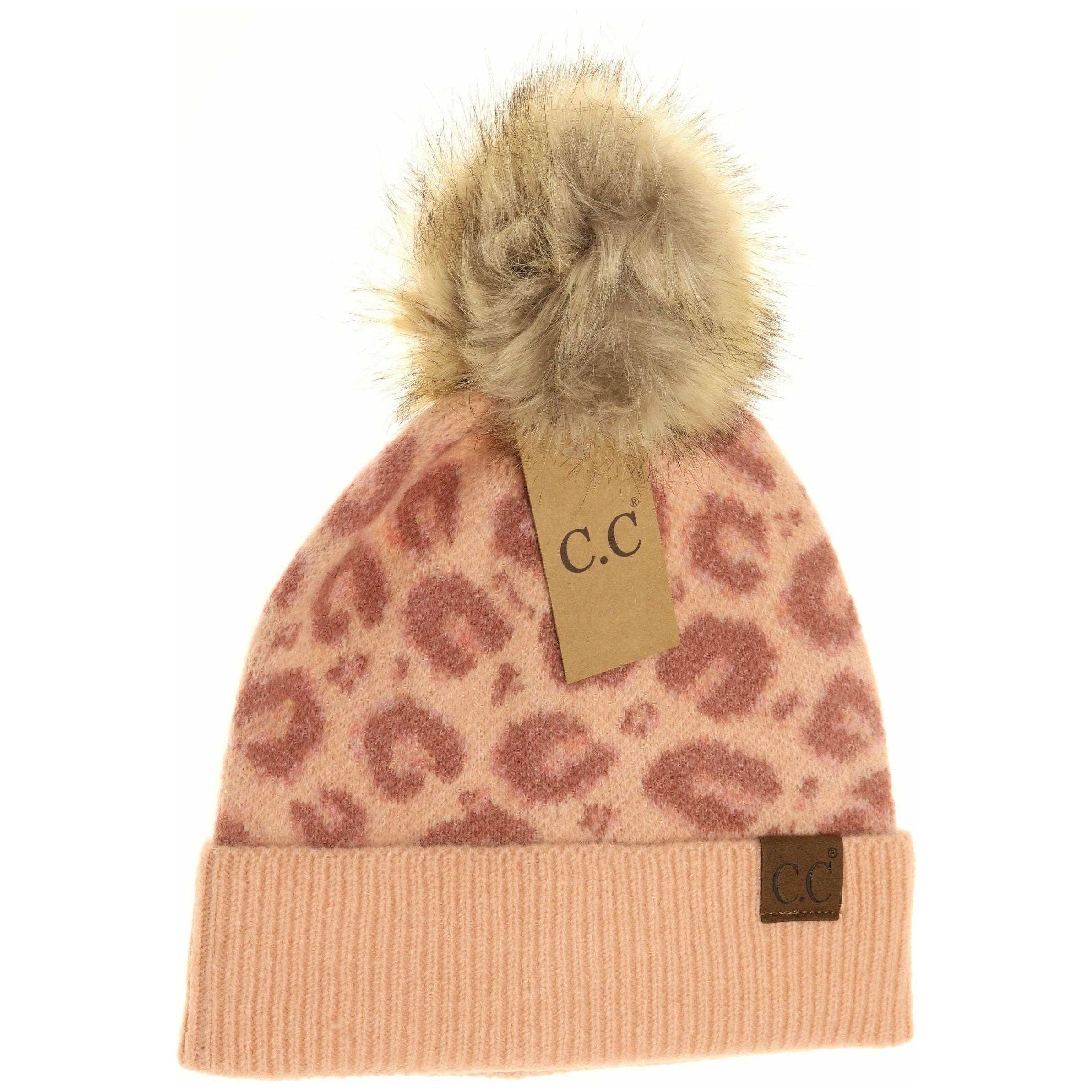 C.C Beanie - Wholesale Beanie - Women's - Leopard Pattern Faux Fur Pom Beanie HAT35130