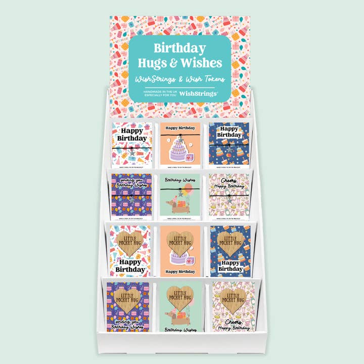 Deseos de Cumpleaños, WishStrings y Abrazos de Bolsillo - Expositor de Mostrador Prellenado para venta al por mayor de WishStrings