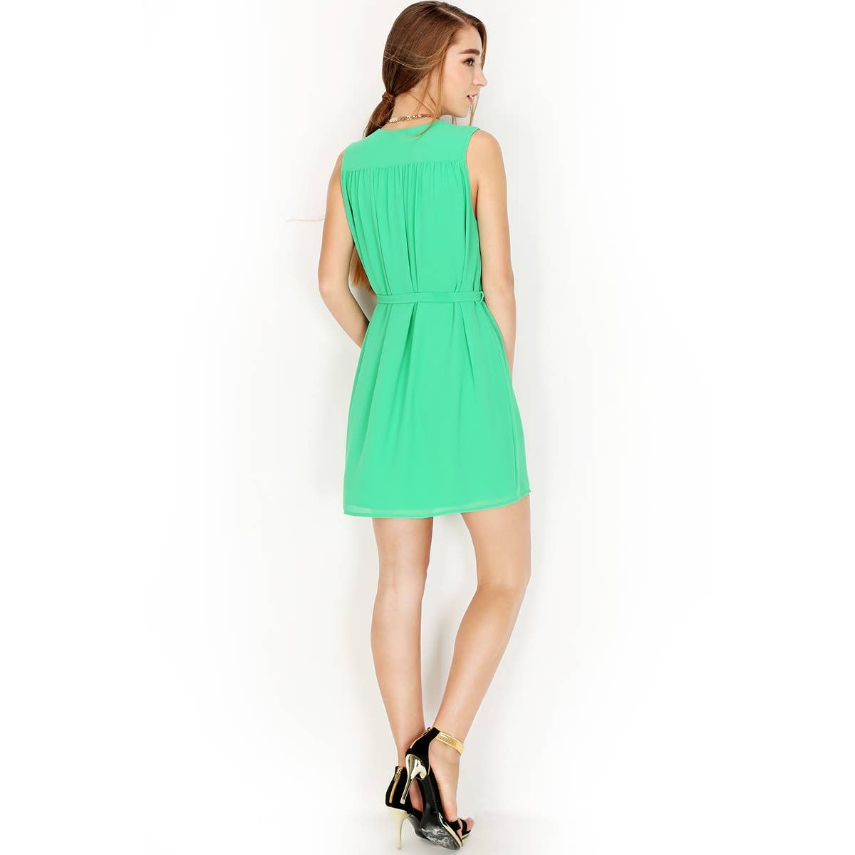 Naked Zebra Rack - Wholesale Dress - Women's - Sleeveless Folded V-neck Dress, With Waist Tie Belt.11