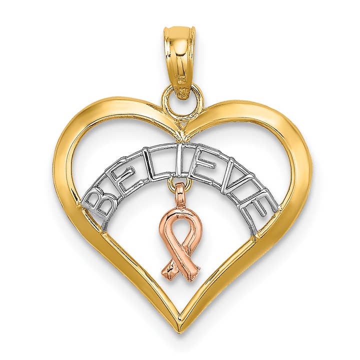 Ruban bicolore 10 carats avec rhodium blanc BELIEVE in Heart avec cancer du sein pour la vente par Sophia Jewelers