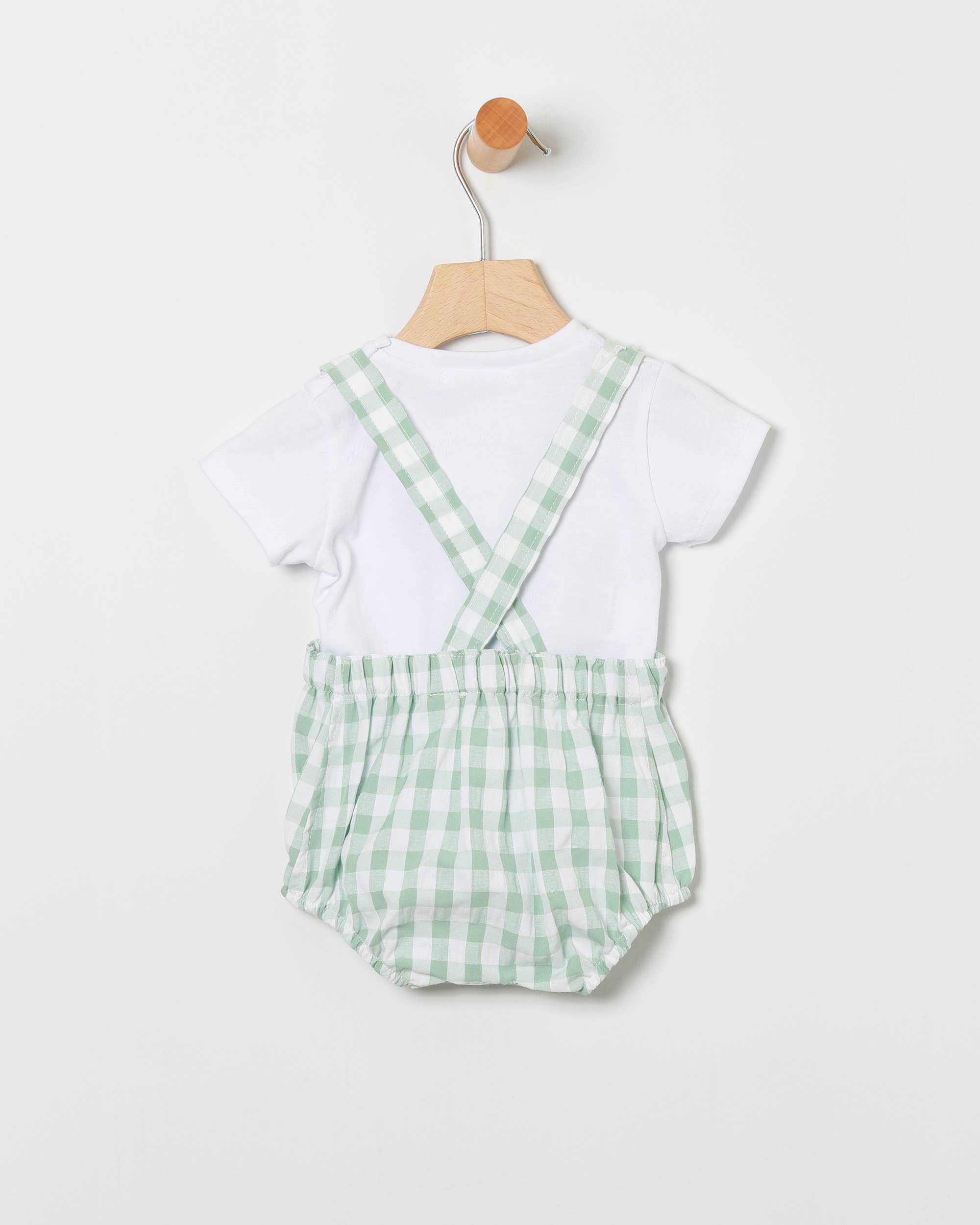 COCO ACQUA – Conjunto de roupa - Bebé por atacado – Conjunto Infantil de Jardineiras em Vichy Verde e Camiseta em Branco1