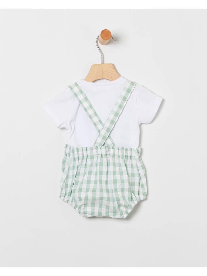 COCO ACQUA – Conjunto de roupa - Bebé por atacado – Conjunto Infantil de Jardineiras em Vichy Verde e Camiseta em Branco1
