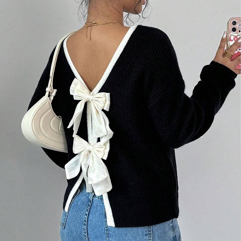 HIDDENBRAND - Wholesale Knit Sweater - Women's - Christmas Bow Decor Backless Knit Pullover Sweater1