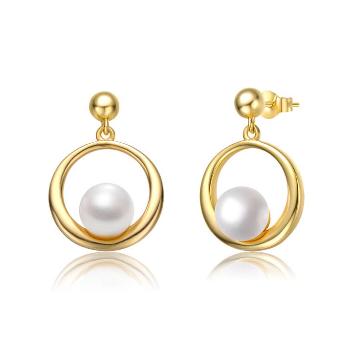 Sterling Silver 14k Yellow Gold Plated with White Pearl Eternity Circle Halo Dangle Earrings for wholesale by Genevive
