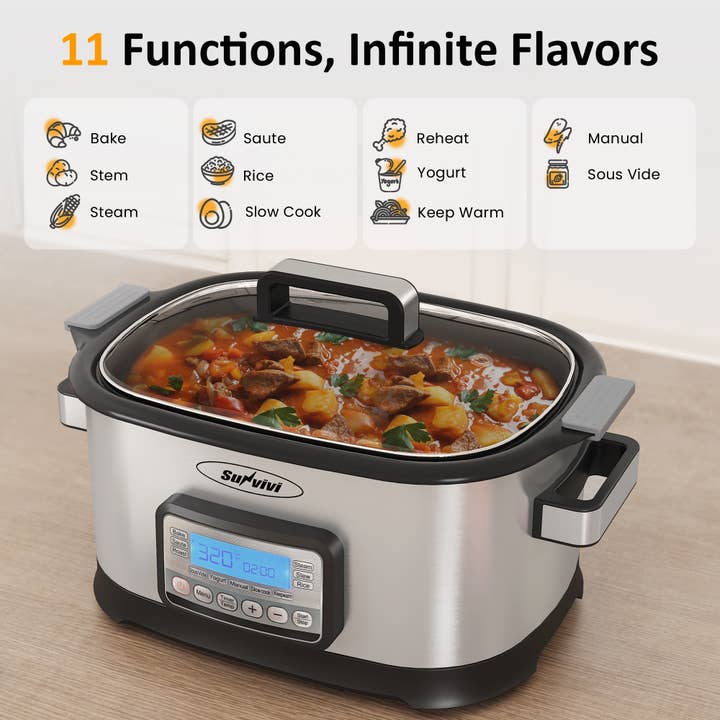 Heynemo - Wholesale Cooking Pot - 11-in-1 Multi Slow Cooker Roaster Oven, 6.5QT Sliver Digital5