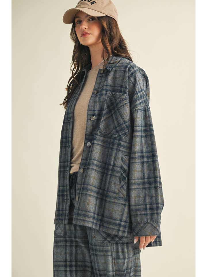 WASHED DENIM PLAID SHIRT SHACKET for wholesale on Faire4