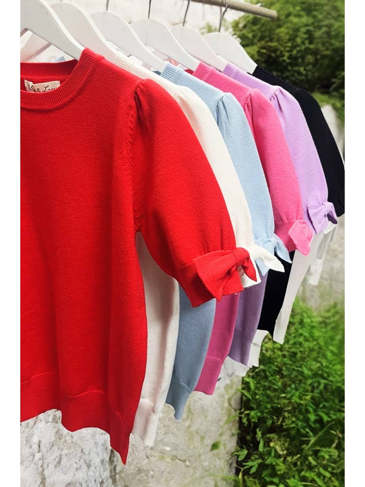 Vine & Love - Vente Haut en maille – femme - Haut en tricot à col rond avec manches bouffantes et nœud décoratif VT826702