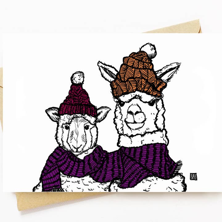 Tarjeta de felicitación de 5 x 7 pulgadas con diseño de amigos de alpaca y ovejas para venta al por mayor de Bellavance Ink