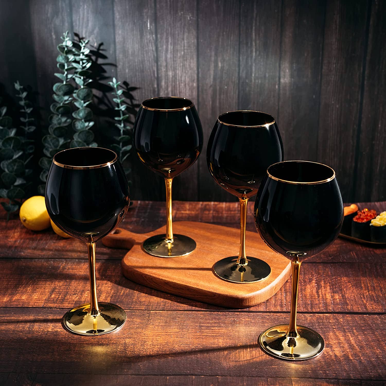 The Wine Savant /  Khen Glassware - Wholesale Wine Glass - Set of 4 Black Wine Glasses Gold Stemmed 14 oz4