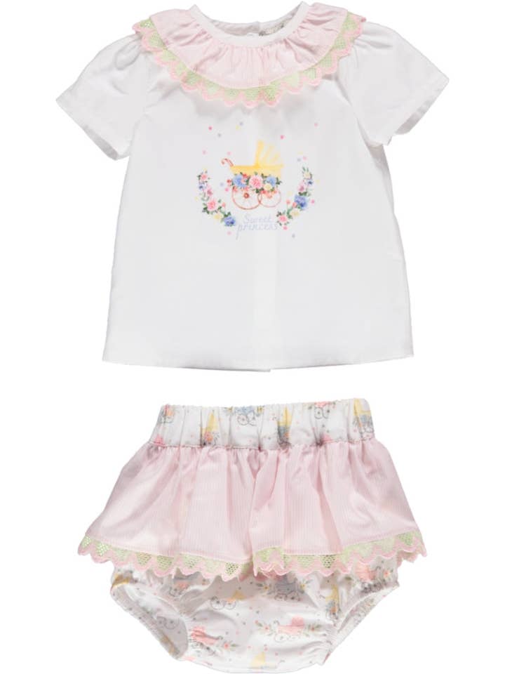 PS23S019008 - Set fille rose et vert avec dentelle pour la vente par Piccola Speranza