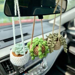 Car Plant, Crochet Hanging Basket, Crochet Potted Car Plant, Hanging Plant  for Car Decor, Car Accessories for Women 