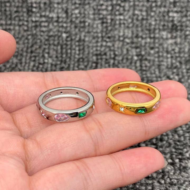 Mio Queena – wholesale Multi-stone ring – Inlaid Colored Cubic Zirconia 18K Gold Plated SS Ring -FGS1