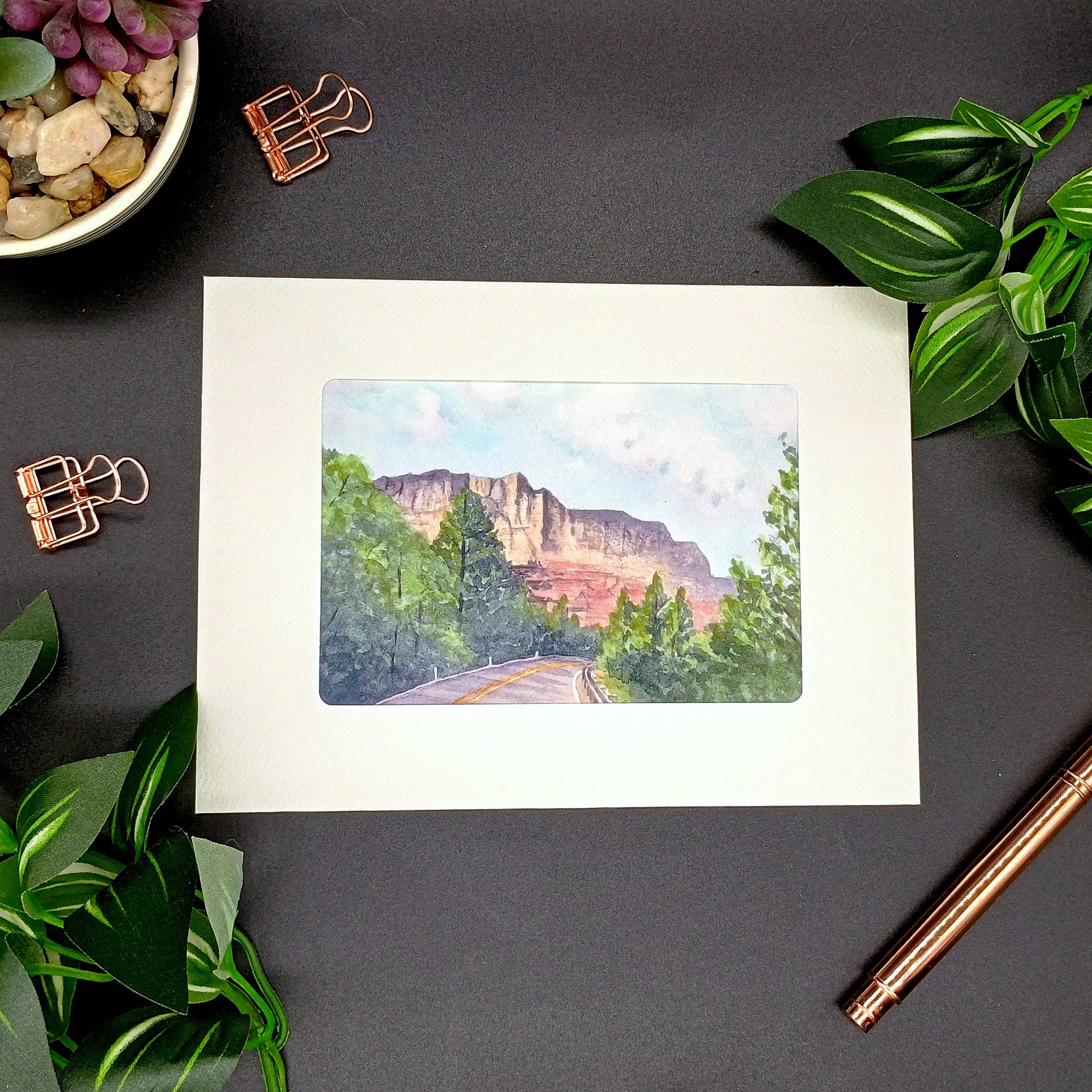 Kathryn Paul Fine Art - Wholesale Everyday Greeting Card - Arizona watercolor; Sedona mountains and trees blank card