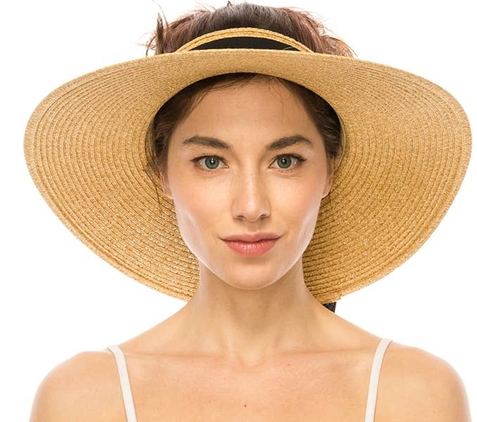 NATURAL Sophisticated but casual crownless sun visor hat with a blac for wholesale on Faire