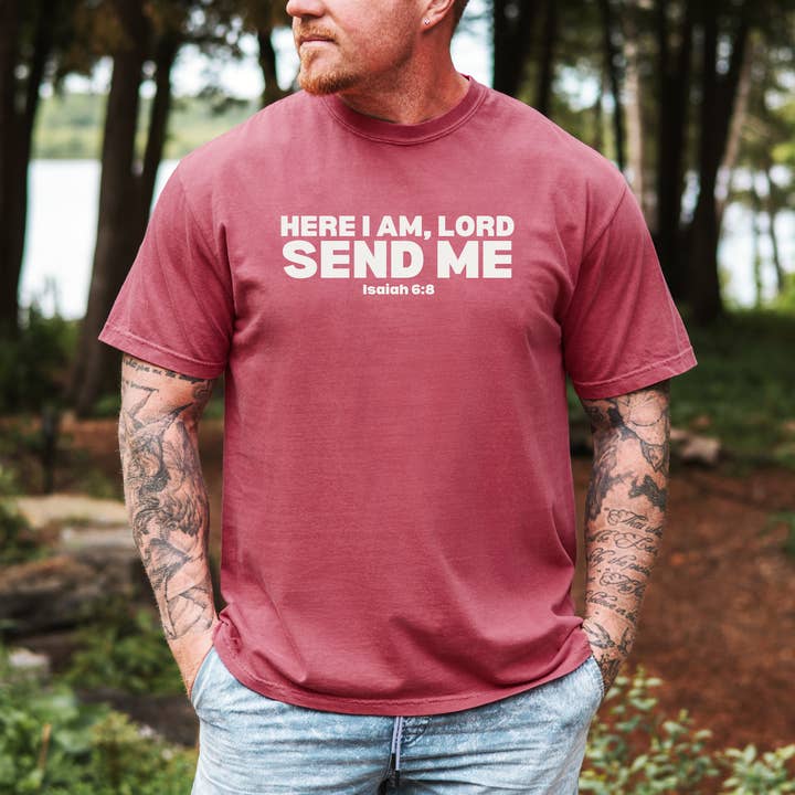 Faith & Life Christian Brands - Wholesale Screen Printed T-Shirt - Men's - Here I Am Lord Send Me Christian Graphic T-Shirt1