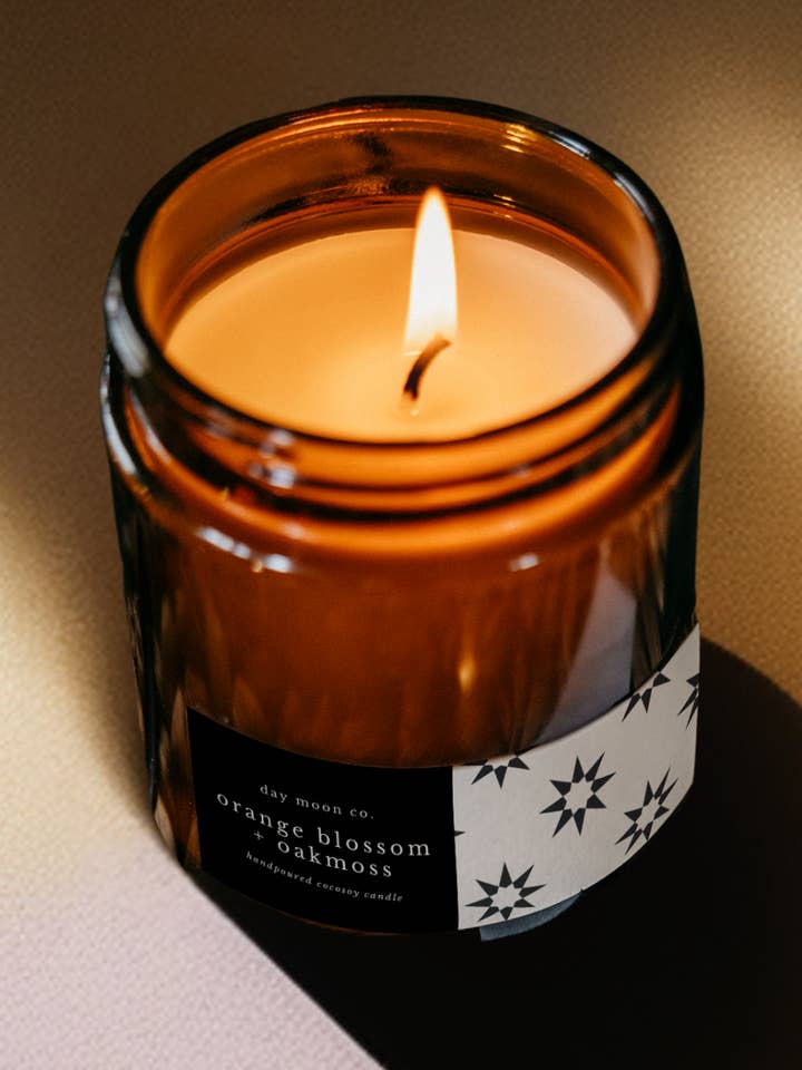 Orange Blossom + Oakmoss Coco-Soy Wax Cotton Wick Amber Jar for wholesale by Day Moon Co.
