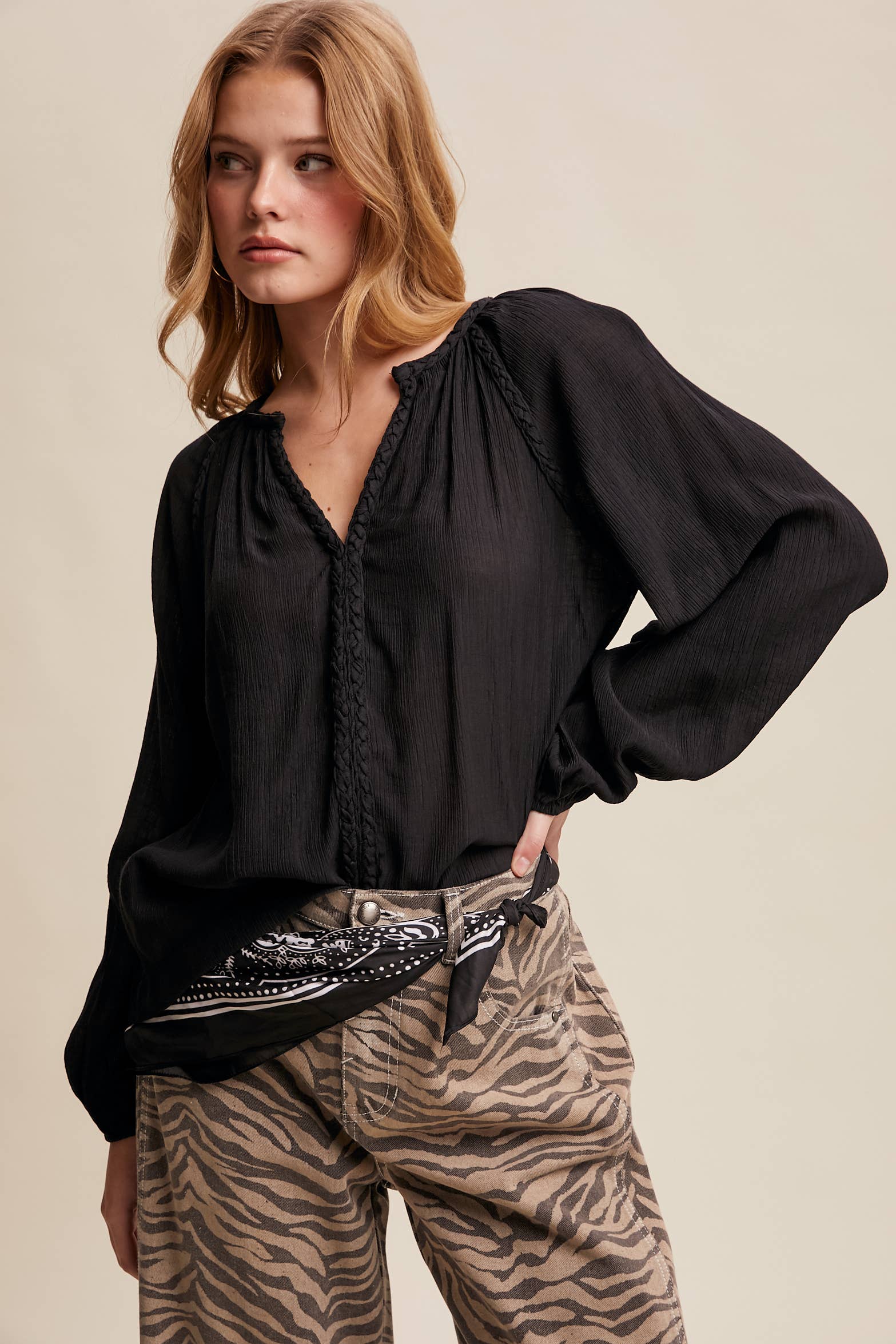 Listicle - Wholesale Blouse - Women's - Braided Trim Peasant Blouse LT144730