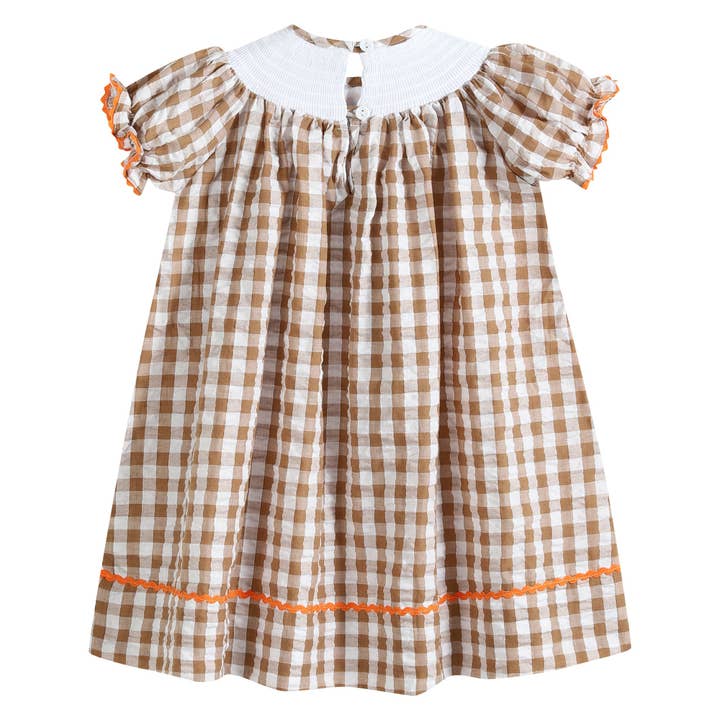 Lil Cactus - Wholesale Dress - Kids - Light Brown Gingham Pumpkin Turkey Smocked Bishop Dress