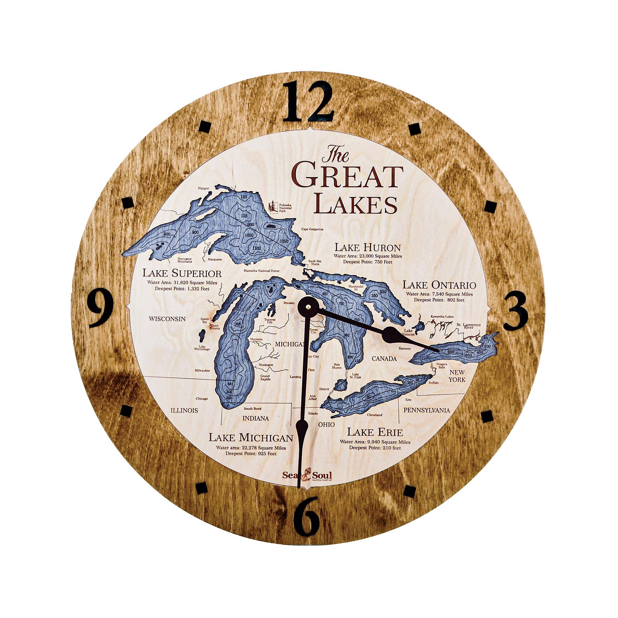 Sea & Soul Nautical Chart Art - Wholesale Muurklok - Great Lakes 3D Nautische kaart houten wandklok - 2 niveaus3