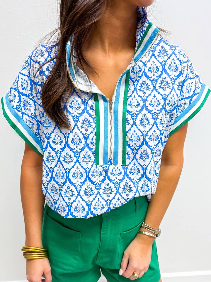 Sky Blue Floral Zipped Collar Short Sleeve Blouse for wholesale by Our Home to Yours Candles & Gifts