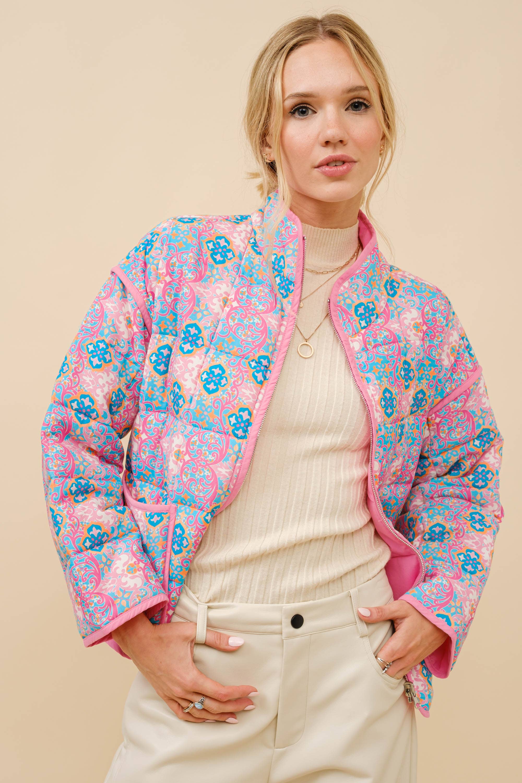 PINK BLUE 35044J - Rayon Challis Floral Reversible Quilted Jacket for wholesale on Faire2