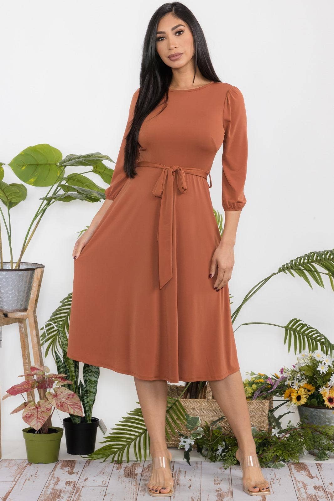 H&H Fashion Inc. – Großhandel Kleid – Damen – HH583X-S Plus Size Midi-Kleid mit Bindegürtel, Puffärmeln & Schlüsselloch-Ausschnitt40