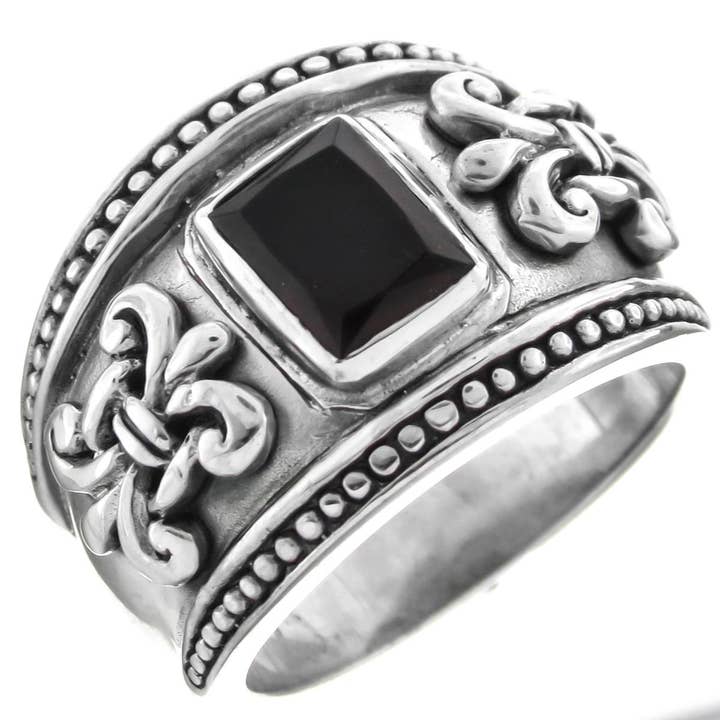 onyx fleur de lis design 925 sterling silver ring, us 7, 8 for wholesale by FifiRose