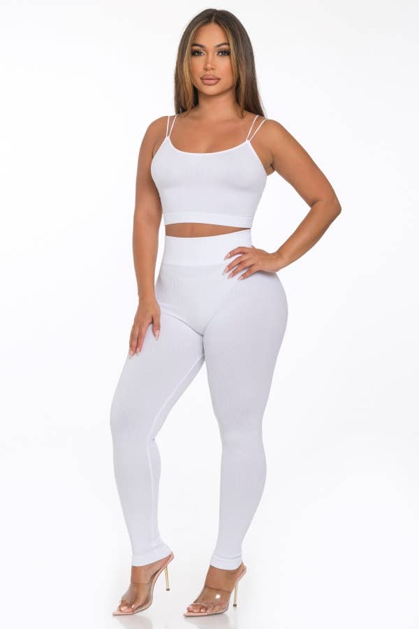 Lime All the Time - Wholesale Lounge Set - Women's - 2 Pcs Seamless Double Spaghetti Strap Top and Legging Set2