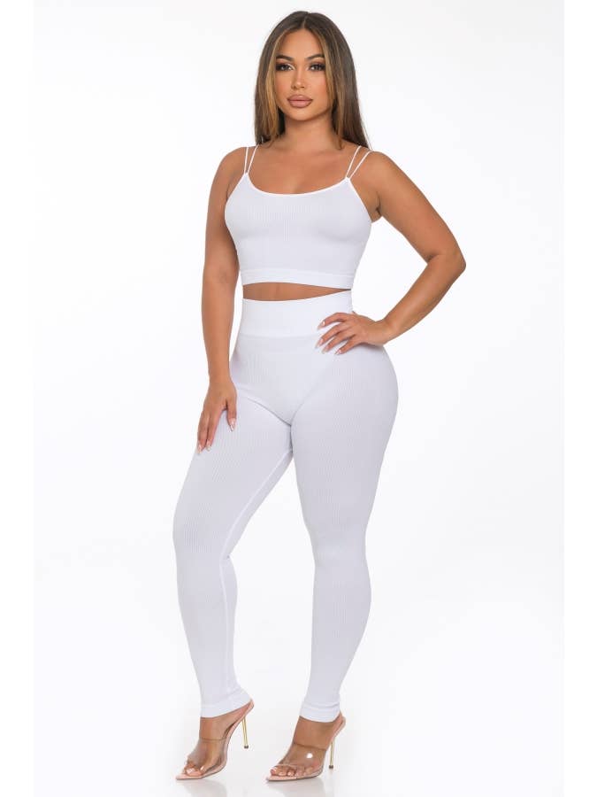 Lime All the Time - Wholesale Lounge Set - Women's - 2 Pcs Seamless Double Spaghetti Strap Top and Legging Set2