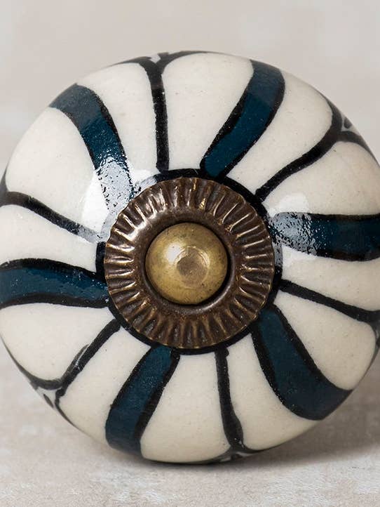 Handmade Round Teal and Off-white Color Ceramic Kitchen Cabinet Knob for wholesale by KNOBCO