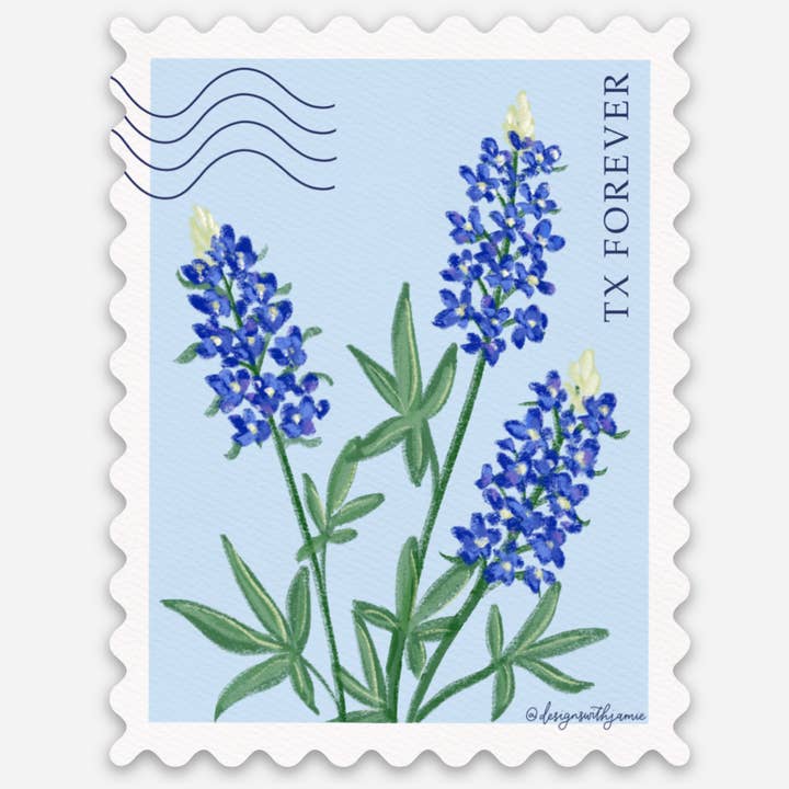 Bluebonnet Stamp Texas Forever Sticker for wholesale by Designs with Jamie