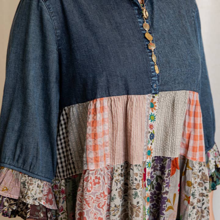 Young Threads - Wholesale Blouse - Women's - Western Denim Yoke Patchwork Tiered Tunic Top (New Color)6