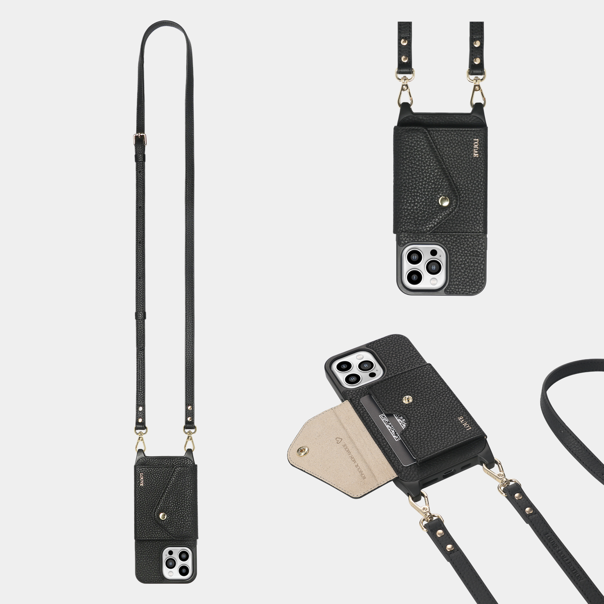 Louve Collection - Wholesale Phone Wallet - Women's - Zoë Black Leather Phone Case Wallet & Matching Strap4