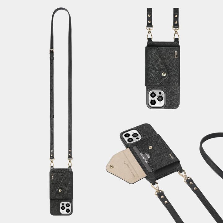 Louve Collection - Wholesale Phone wallet – women's - Zoë Black Leather Phone Case Wallet & Matching Strap4