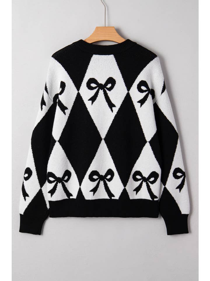 66DISCO - Wholesale Knit Sweater - Women's - Valentine Bow Print 2-tone Rhombus Knit Loose Sweater (S-XL)5