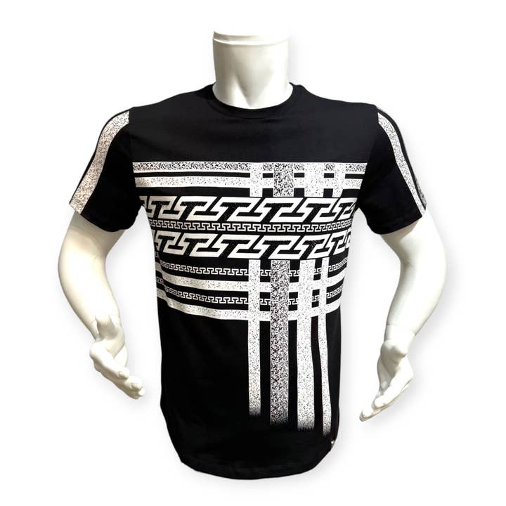 Schwarzes Herren-T-Shirt mit weißen Strasssteinen mit griechischem Streifenmuster für den Großhandel von Laverita
