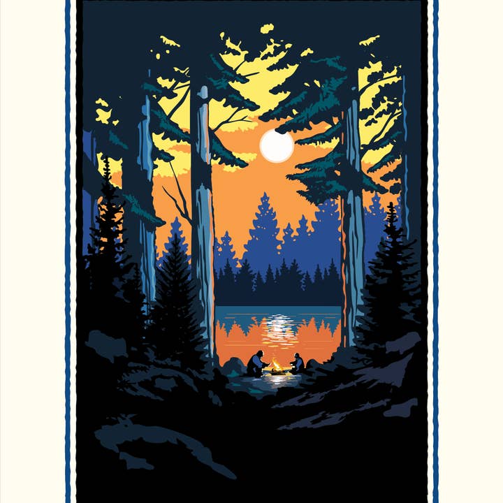 Lakeside Campfire — Specialfremstillet Kunsttryk (20x25 cm) for engroshandel hos Legendary Landmark Art Prints