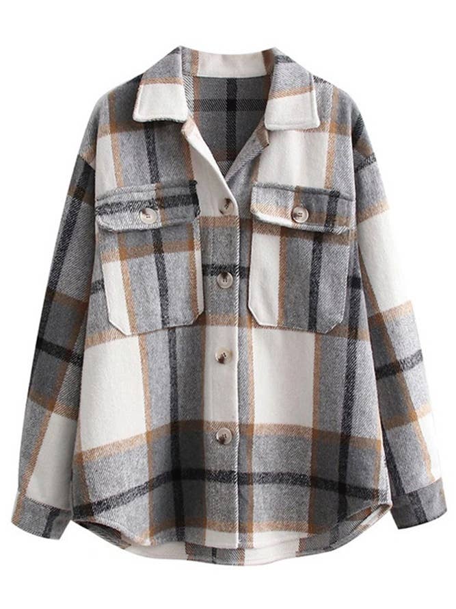 Grey Button Pockets Plaid Shacket ZK521 for wholesale by UNISHE