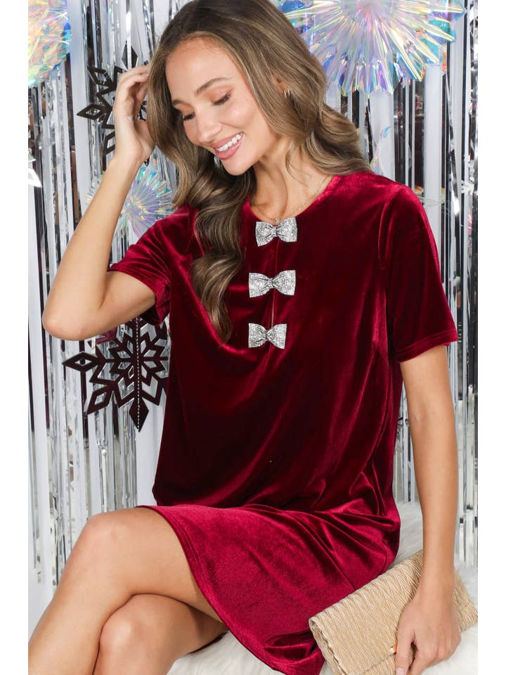 Vine & Love - Wholesale Dress - Women's - Sparkling Sequin Bow Embellished Velvet Dress VD827376