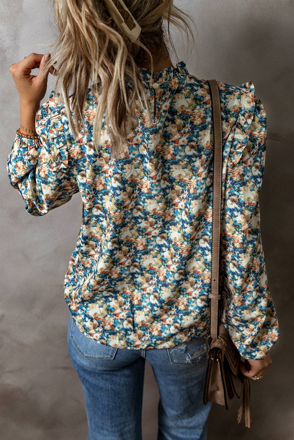 Sky Blue Floral Print Frilled Mock Neck Puff Sleeve Blouse for wholesale on Faire1