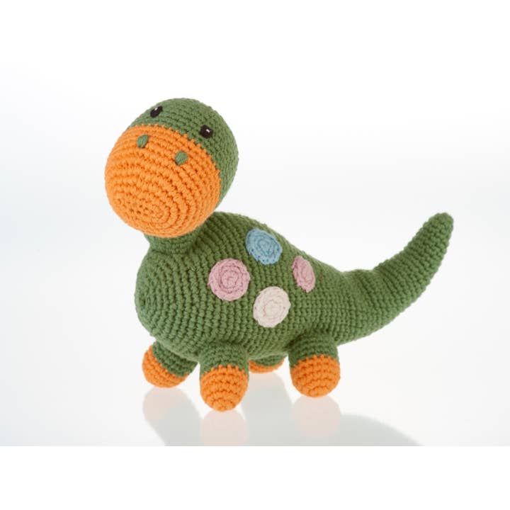 Sonaglio a forma di dinosauro giocattolo per neonati all'uncinetto - dippi - kaki per la vendita all'ingrosso da parte di Pebblechild