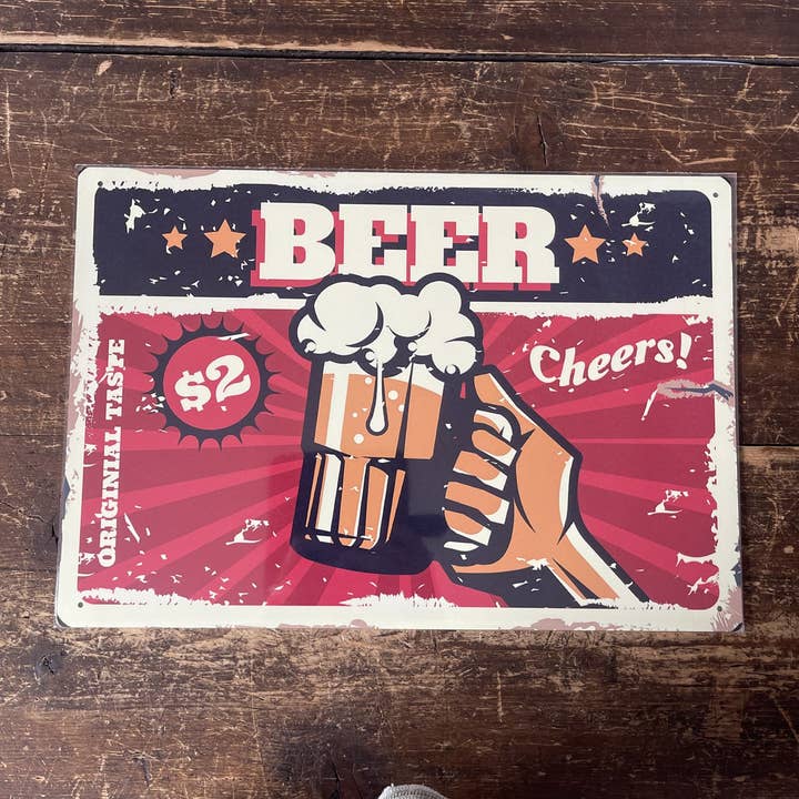 Beer Cheers Pint Drink Retro — Humor-Wandschild aus Metall für den Großhandel von The British Metal Signs Company