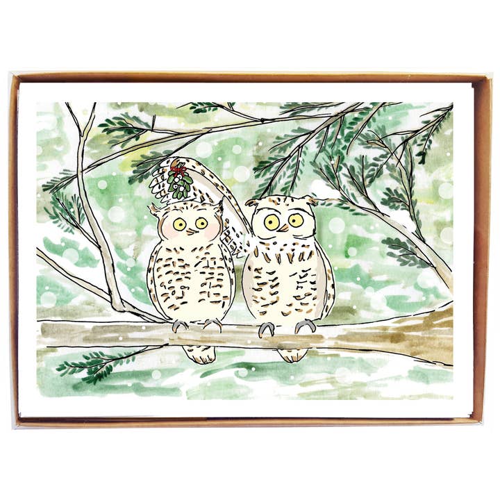 Hiboux au gui - boîte de 8 pour la vente par mollyOcards