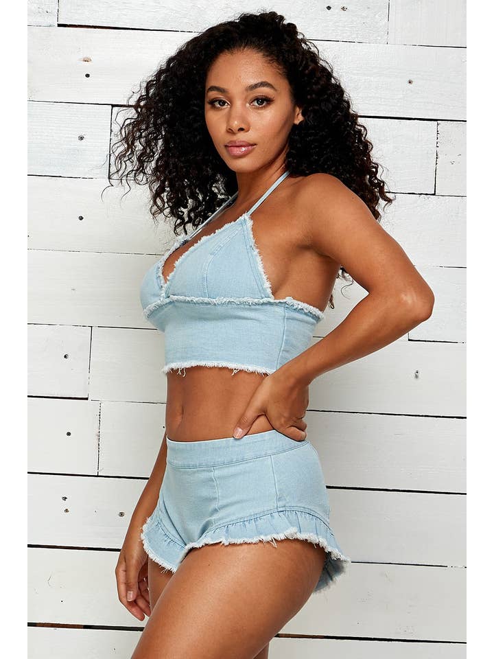 SEXY DENIM RUFFLED SHORTS WITH DENIM BRA TOP for wholesale on Faire8