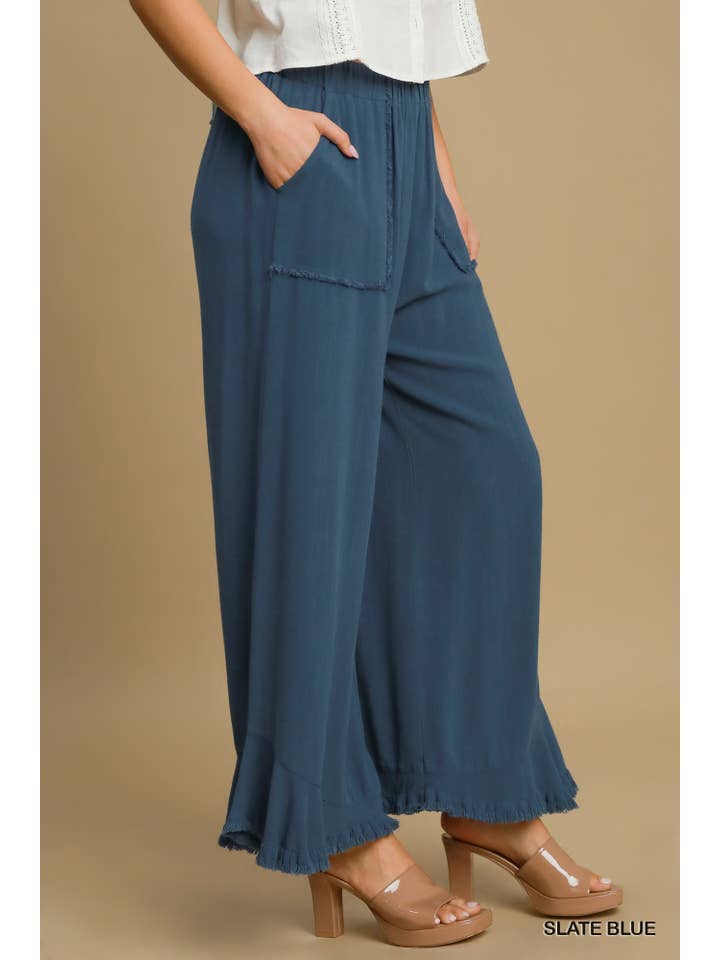 Vanilla Monkey - Wholesale Pants - Women's - Linen Blend Elastic Waist Band Wide Frayed Hem Pants