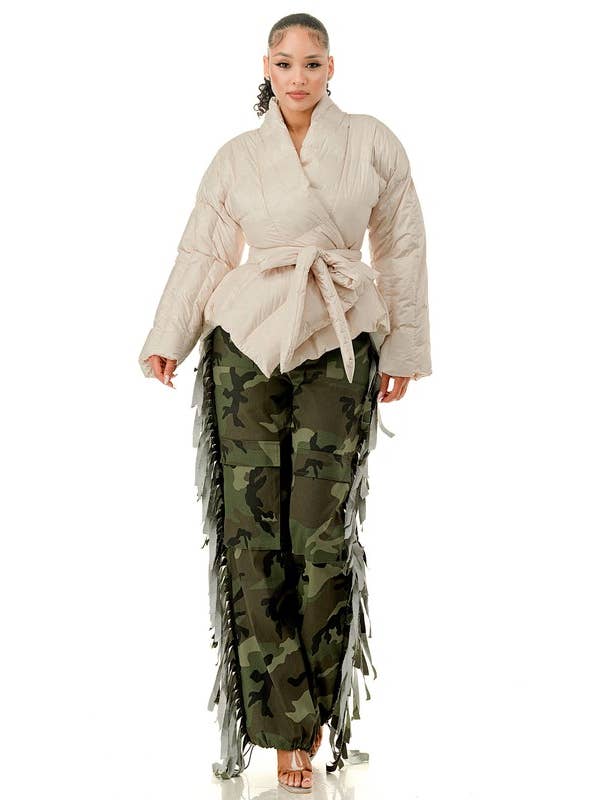 A Regular Side Tassels Elastic Waistband Cargo Pants for wholesale on Faire4
