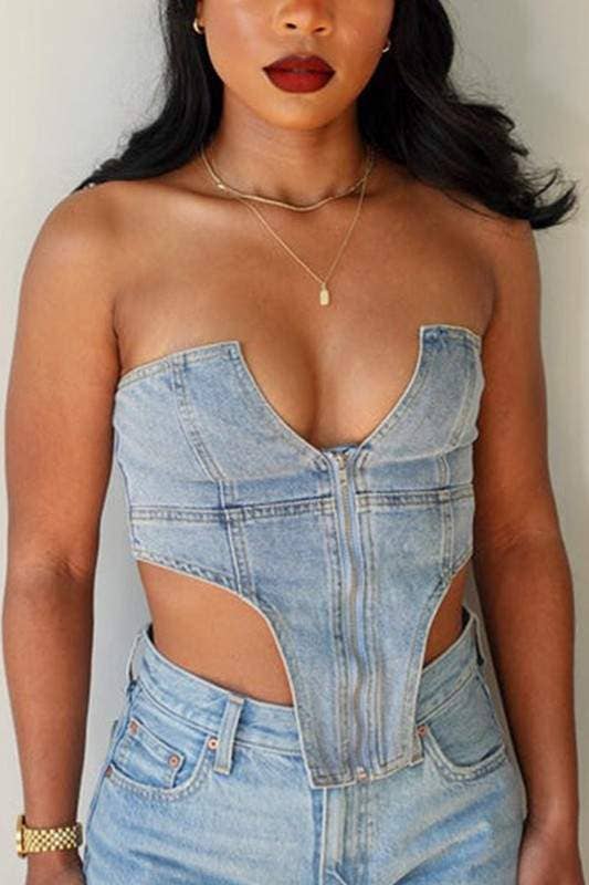 BLUE denim bustier top for wholesale on Faire1