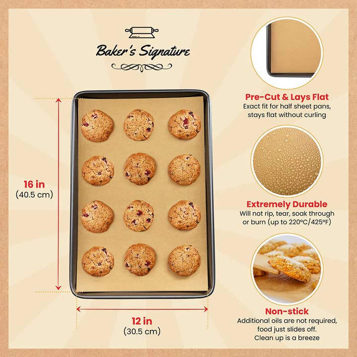 Baker's Signature - Wholesale Baking Sheet/Mat - Parchment Paper Baking Sheets by Baker’s Signature | Precut Silicone Coated & Unbleached – Will Not Curl or Burn – Non-Toxic & Comes in Convenient Packaging – 12x16 Inch Pack of 2201